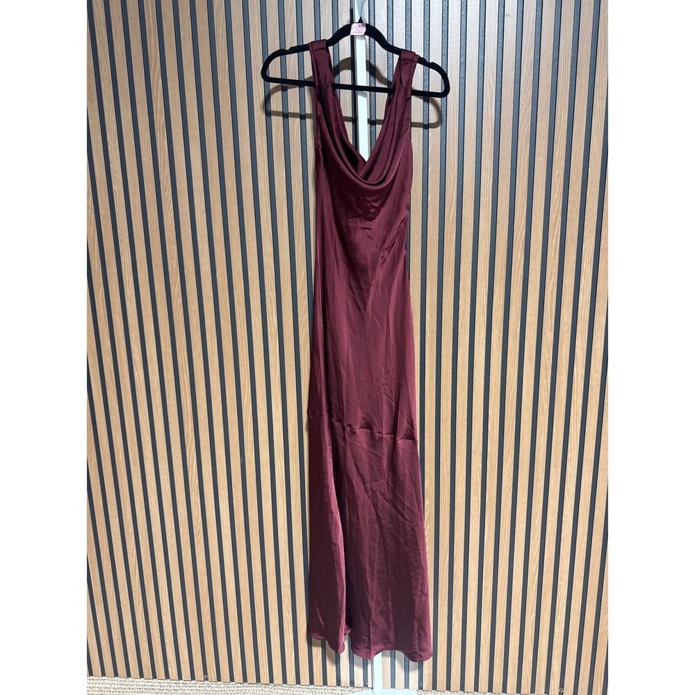 Lulus NWOT Aernah Wine Red Satin Cowl Tie-Back Slip Maxi Dress - XS - Picture 4 of 7